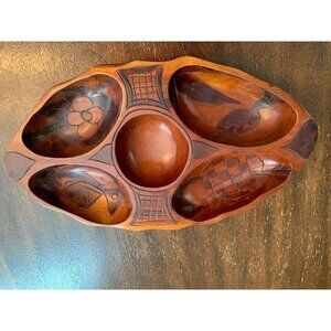 - Carved Oval Wooden Bowl 5 Compartments Heavy
